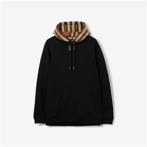 Check Hood Cotton Blend Hoodie in Black/birch brown 